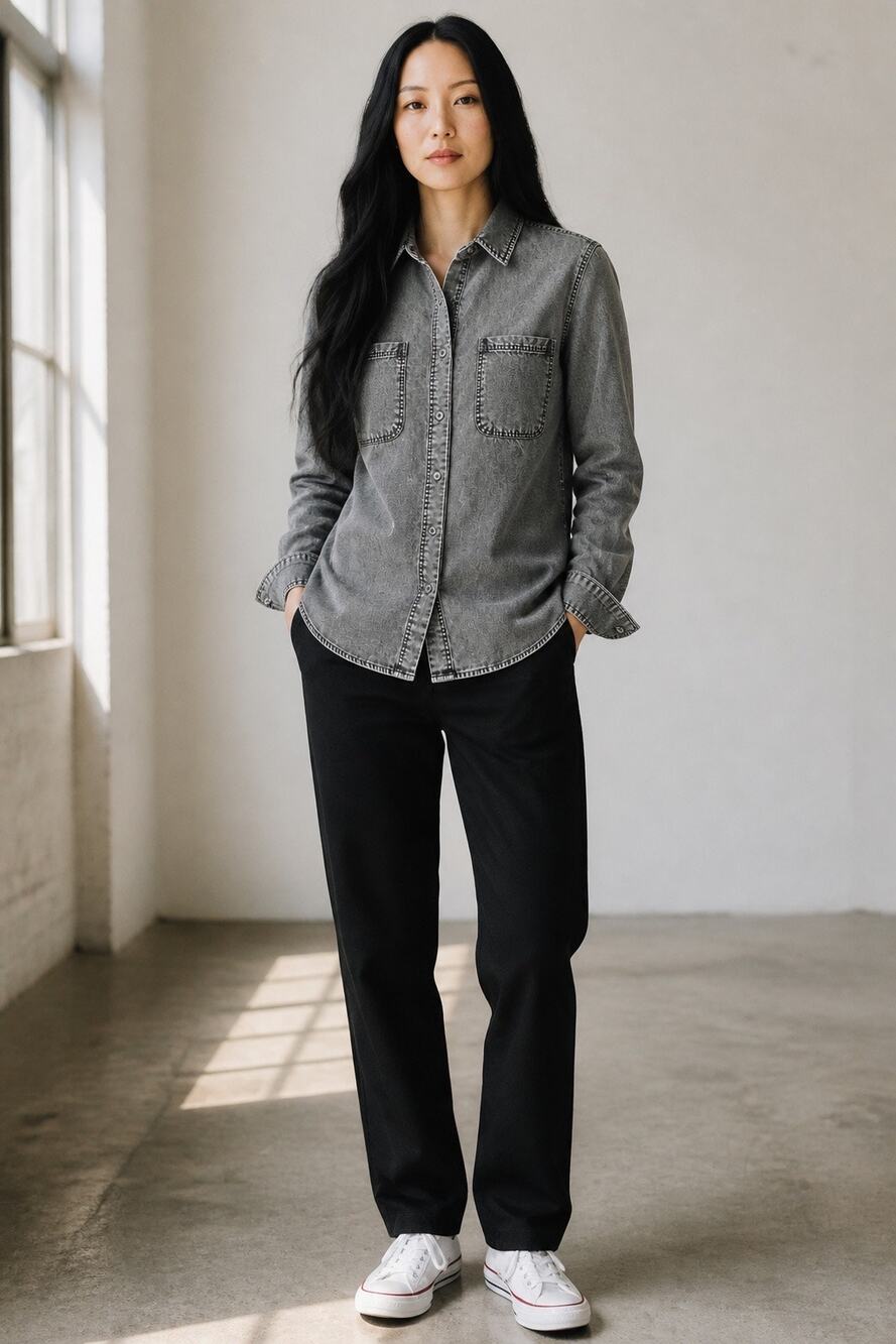 NWOT L Doe & Rae Grey Acid Wash Button Down Long Sleeve Roll Tab Utility Blouse